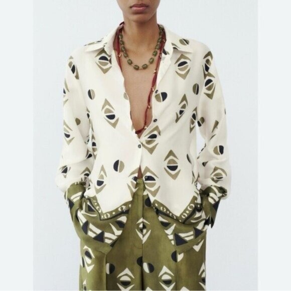 Zara Geometric Print Satin-Effect Shirt • Size S • Collared Elevated Basic - Picture 1 of 1